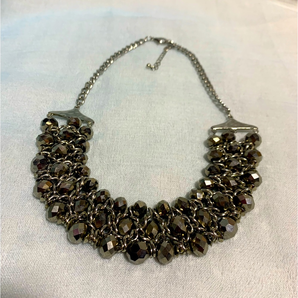 Chunky Gunmetal Faceted Bead Statement Necklace 22” Multistrand Chain Design